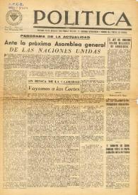 Política : portavoz en el exterior del Consejo Nacional de IR y órgano del Partido en Francia. Núm. 27, 18 de septiembre de 1947
