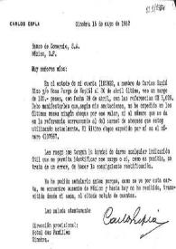 Carta de Carlos Esplá al Banco de Comercio, S.A. de México, Distrito Federal. Ginebra, 15 de mayo de 1962