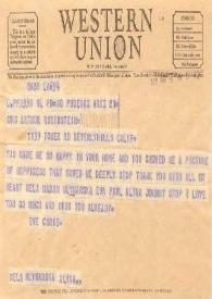 Telegrama dirigido a Aniela Rubinstein.  Phoenix (Arizona), 21-03-1949