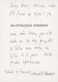 Tarjeta dirigida a  Aniela y Arthur Rubinstein. París (Francia), 15-06-1972