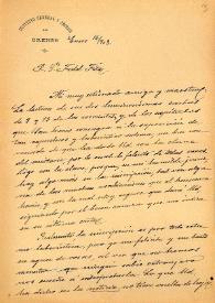 Carta de M. Macías a F. Fita agradeciéndole que haya descifrado la inscripción griega del anillo hallado en Astorga (León)