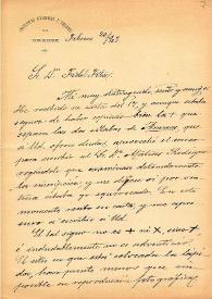 Carta de M. Macías a F. Fita acerca del anillo de Astorga y otro con inscripción que él cree ibérica y que así publicó Puig y Larraz en el BRAH, hallado en las orillas de un río afluente del Sil (Orense). En la carta le dibuja el anillo y la inscripción