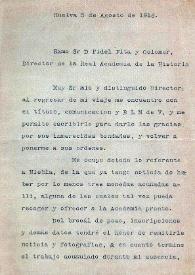 Carta mecanografiada del ingeniero de caminos José Albelda a Fidel Fita notificándole que se ocupará de enviar noticia y fotos de diversos objetos