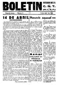CNT : Boletín Interior del Movimiento Libertario Español en Francia. Segunda época, núm. 5, 14 de abril de 1945