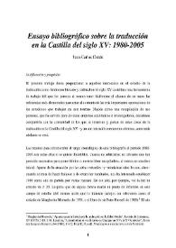 Ensayo bibliográfico sobre la traducción en la Castilla del siglo XV: 1980-2005