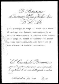 Carta del Conde de Romanones a Rafael Altamira. Madrid, 22 de mayo de 1910