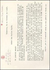 Carta de Francisco Largo Caballero a Carlos Esplá. Valencia, 23 de febrero de 1937