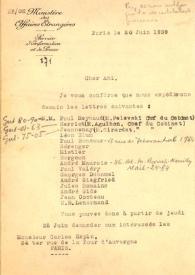 Carta del Ministro de Asuntos Exteriores francés a Carlos Esplá. París, 20 de junio de 1939