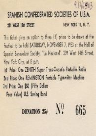 Papeleta para un donativo de la Spanish Confederated Societies of U.S.A. Nueva York, noviembre, 1953