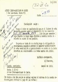 Carta de Manuel de Irujo, Tesorero del Ateneo Íbero-Americano de París, a Carlos Esplá sobre el pago de cuotas