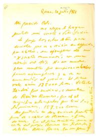 Carta de Rafael Alberti a Camilo José Cela. Roma, 10 de agosto de 1966
