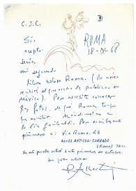 Carta de Rafael Alberti a Camilo José Cela. Roma, 18 de septiembre de 1968
