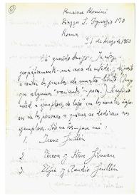Carta de Jorge Guillén a Camilo José Cela. Roma, 31 de mayo de 1960
