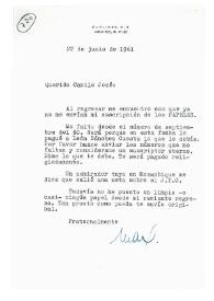 Carta de Max Aub a Camilo José Cela. Melton Mowbray, 22 de junio de 1961