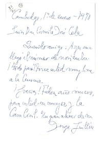 Carta de Jorge Guillén a Camilo José Cela. Cambridge, 1 de enero de 1970

