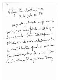 Carta de Jorge Guillén a Camilo José Cela. Málaga, 2 de julio de 1981

