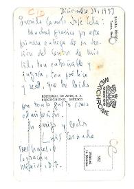 Postal de Luis Cernuda a Camilo José Cela. México, 30 de diciembre de 1957
