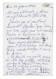 Postal de María Zambrano a Camilo José Cela. Roma, 22 de febrero de 1962
