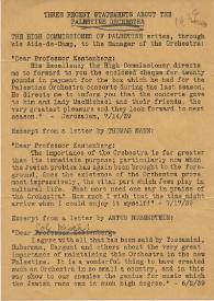 Three recent statements abaut the Palestine Orchestra. 1939