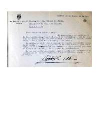 Carta dirigida a Hernán Figueroa, embajador de Chile en España. Orden de traslado del recluso Miguel Hernández Gilabert desde la prisión de Ocaña a San Miguel de los Reyes en Valencia. Madrid, 16 de junio de 1941