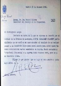 Carta de Máximo Cuervo, director de prisiones, a Manuel Halcón, canciller del Consejo de la Hispanidad. Madrid, 23 de febrero de 1942
