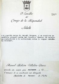 Carta de Manuel Halcón, canciller del Consejo de la Hispanidad, a Germán Vergara. Madrid, 26 de febrero de 1942