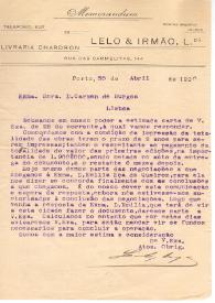 Carta de la Livraria Chardron de Lelo & Irmão a Carmen de Burgos. Porto, 30 de abril de 1920