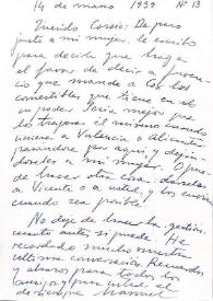 Carta de Miguel Hernández a José María de Cossío. Cox (Alicante), 14 de marzo de 1939