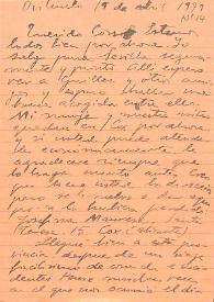 Carta de Miguel Hernández a José María de Cossío. Orihuela (Alicante), 19 de abril de 1939