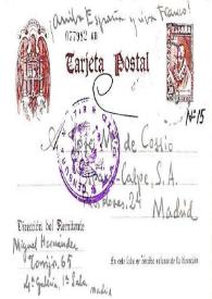 Tarjeta postal de Miguel Hernández a José María de Cossío. Madrid, [19 de mayo de 1939?]