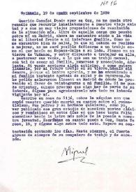 Carta de Miguel Hernández a José María de Cossío. Orihuela (Alicante), 19 de septiembre de 1939
