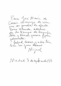 Dedicatoria manuscrita de Miguel Hernández a José María de Cossío en el libro “Viento del pueblo : poesía en la guerra”. Madrid, 7 de septiembre de 1938