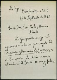 Carta de Jorge Guillén a José Carlos Rovira. Málaga, 26 de septiembre de 1978