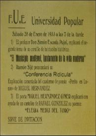 Invitación a la lectura de un poema en la Universidad Popular de Cartagena, 1933
