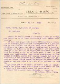 Carta de la Livraria Chardron de Lelo & Irmão a Carmen de Burgos. Porto, 31 de mayo de 1920
