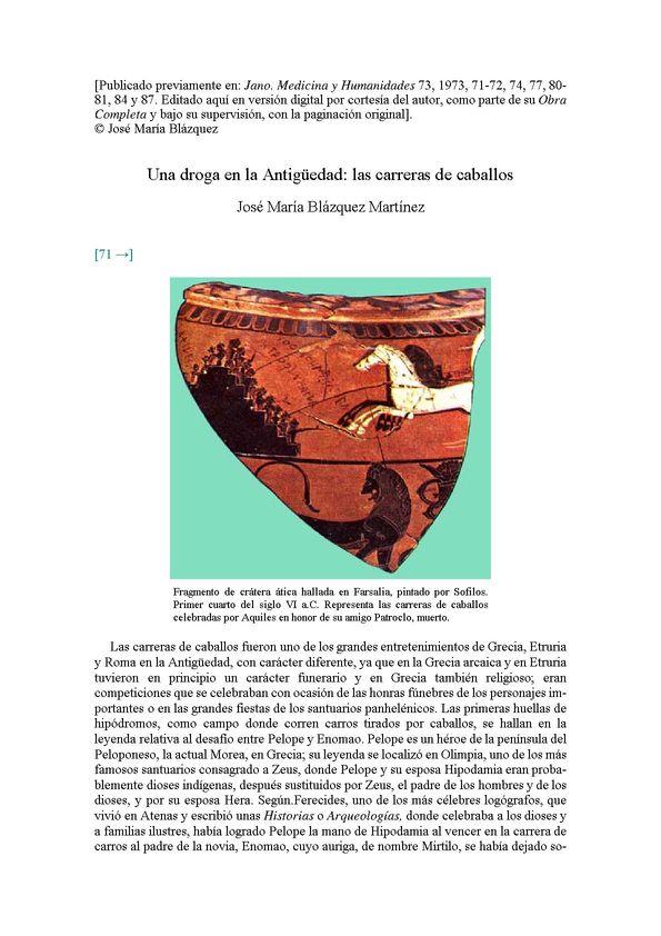 Una droga en la Antigüedad : las carreras de caballos / José María Blázquez  Martínez | Biblioteca Virtual