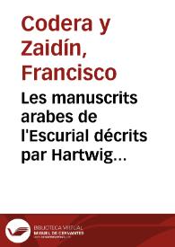 Portada:Les manuscrits arabes de l'Escurial décrits par Hartwig Derenbourg / Francisco Codera