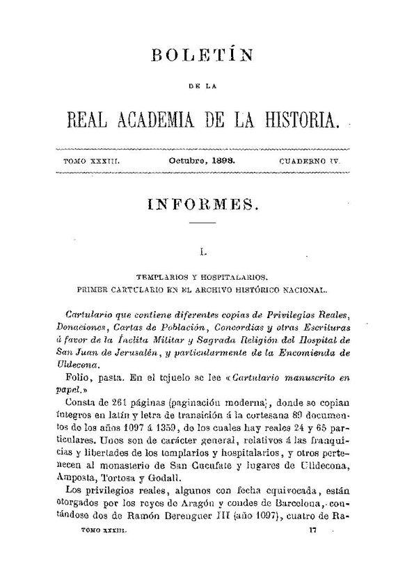 Templarios y hospitalarios. Primer cartulario en el Archivo Histórico Nacional / Manuel Magallón | Biblioteca Virtual Miguel de Cervantes