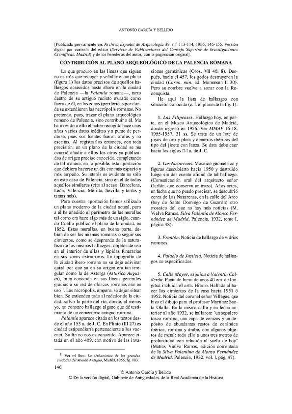 Contribución al plano arqueológico de la Palencia romana / Antonio García y Bellido | Biblioteca Virtual Miguel de Cervantes