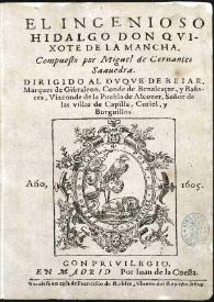 El ingenioso hidalgo Don Quixote de la Mancha / compuesto por Miguel de Ceruantes Saauedra ... | Biblioteca Virtual Miguel de Cervantes
