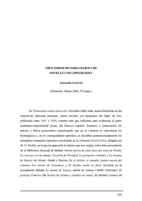 Antonella Gallo: "Virtuosismi retorici barocchi: novelle con lipogramma". (Firenze: Alinea Editrice, 2003) / Coral García Rodríguez | Biblioteca Virtual Miguel de Cervantes