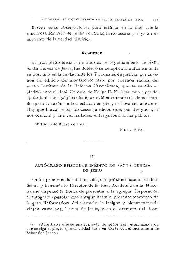 Autógrafo epistolar inédito de Santa Teresa de Jesús [II] / Bernardino de Melgar | Biblioteca Virtual Miguel de Cervantes