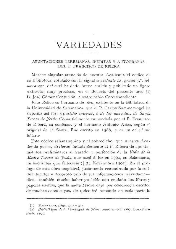 Apuntaciones teresianas, inéditas y autógrafas, del P. Francisco de Ribera / Fidel Fita | Biblioteca Virtual Miguel de Cervantes