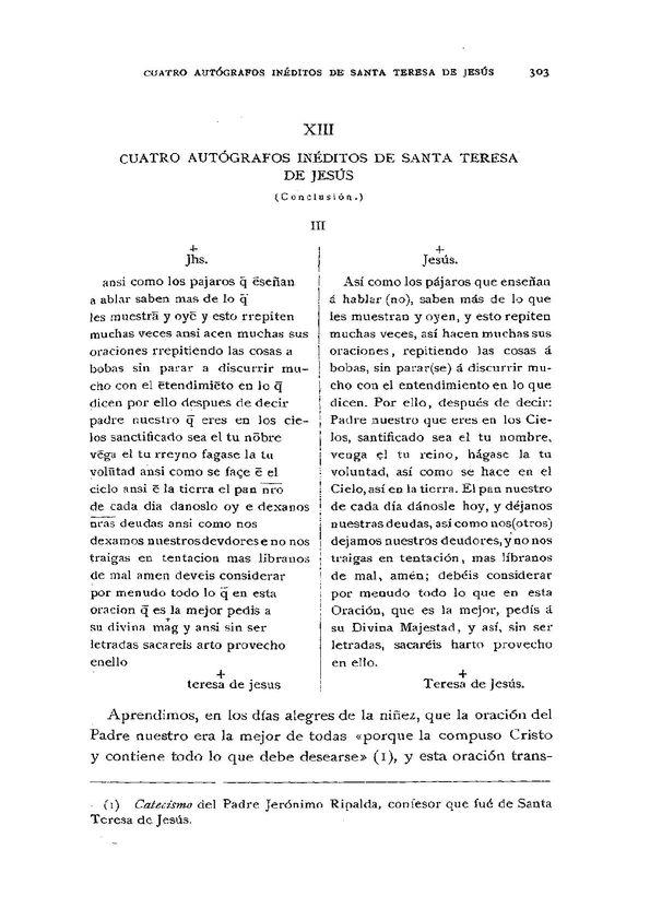 Cuatro autógrafos inéditos de Santa Teresa de Jesús (Conclusión) / Bernardino de Melgar | Biblioteca Virtual Miguel de Cervantes