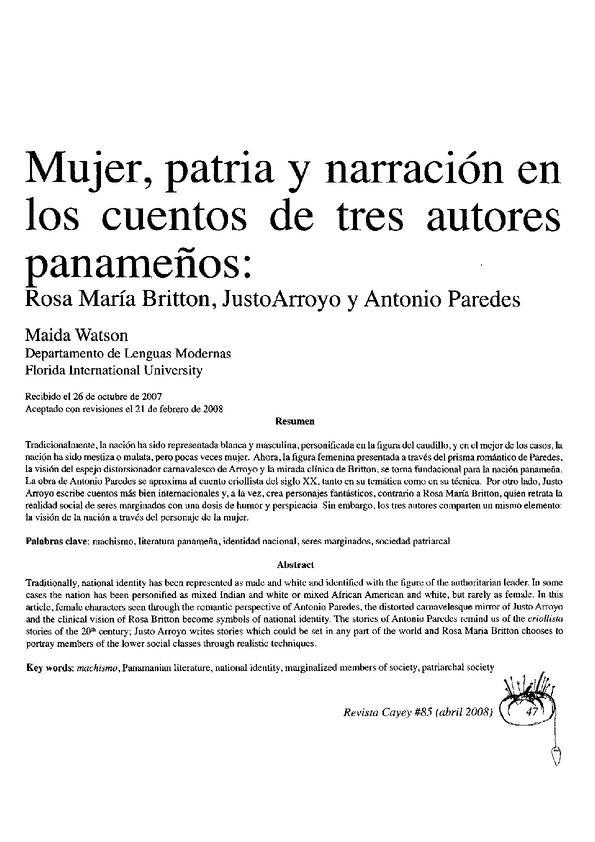 Mujer, patria y narración en los cuentos de tres autores panameños: Rosa  María Britton, Justo Arroyo