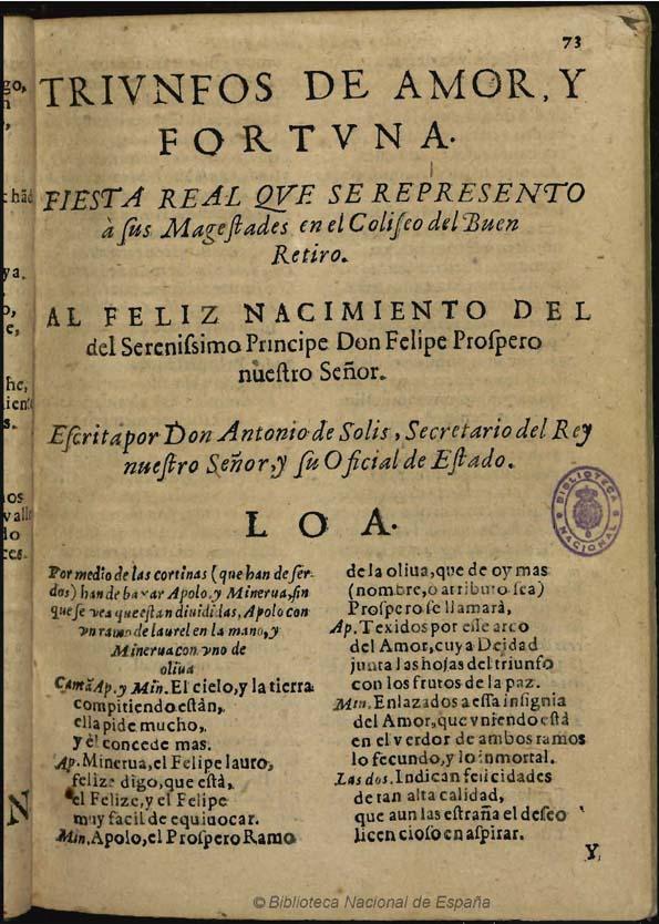 Triunfos de amor y fortuna [1660] / escrita por don Antonio de Solis | Biblioteca Virtual Miguel de Cervantes
