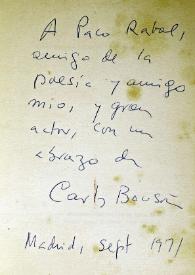 Dedicatoria de Carlos Bousoño en un ejemplar de su libro "Oda en la ceniza" / Carlos Bousoño | Biblioteca Virtual Miguel de Cervantes