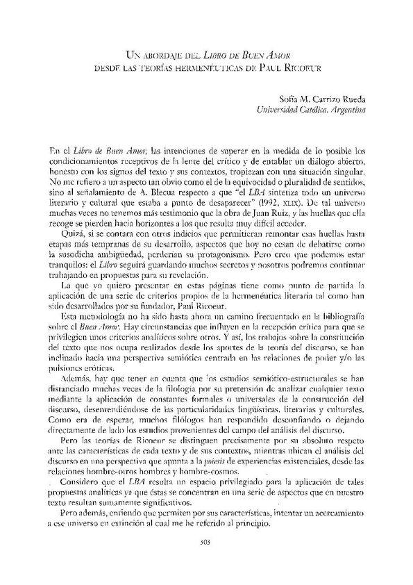 Un abordaje del "Libro de Buen Amor" desde las teorías hermenéuticas de Paul Ricoeur / Sofía M. Carrizo Rueda | Biblioteca Virtual Miguel de Cervantes