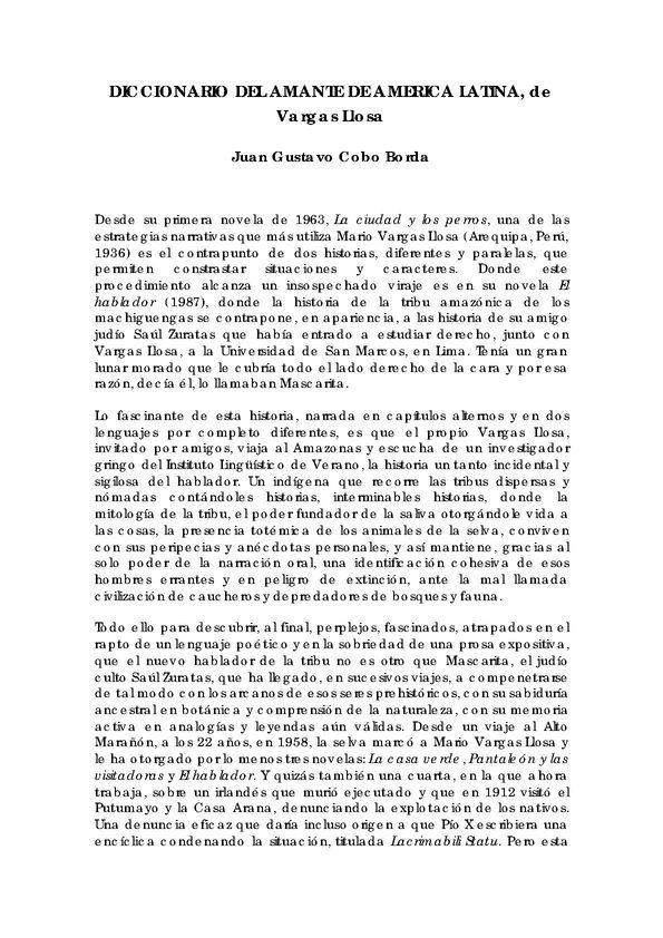"Diccionario del amante de América Latina", de Vargas Llosa / Juan Gustavo Cobo Borda | Biblioteca Virtual Miguel de Cervantes