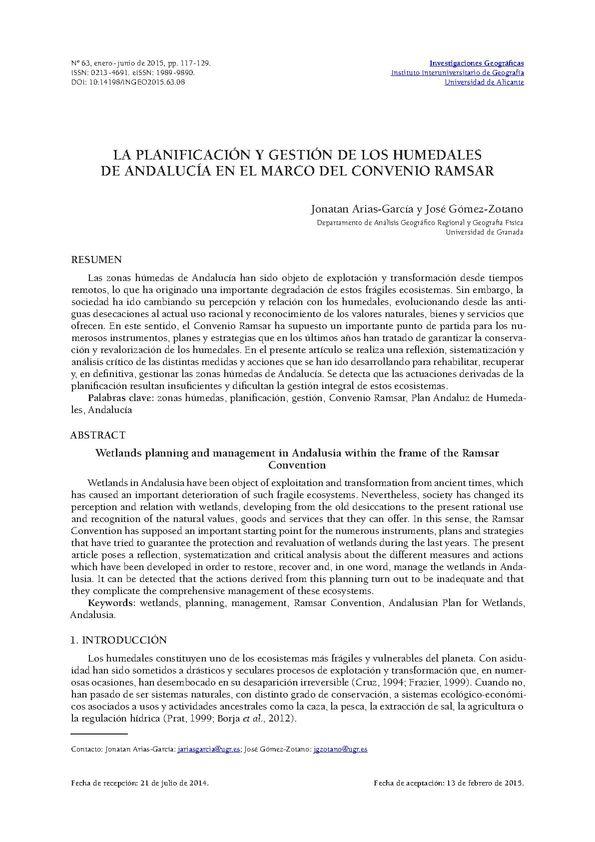 La planificación y gestión de los humedales de Andalucía en el marco del Convenio Ramsar / Jonatan Arias-García y José Gómez-Zotano | Biblioteca Virtual Miguel de Cervantes